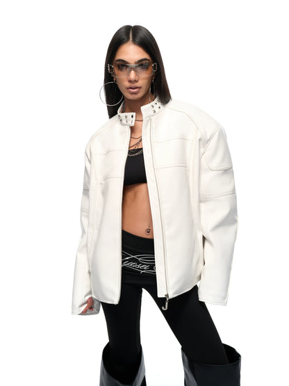 White Studded Stand-Collar Oversized Jacket