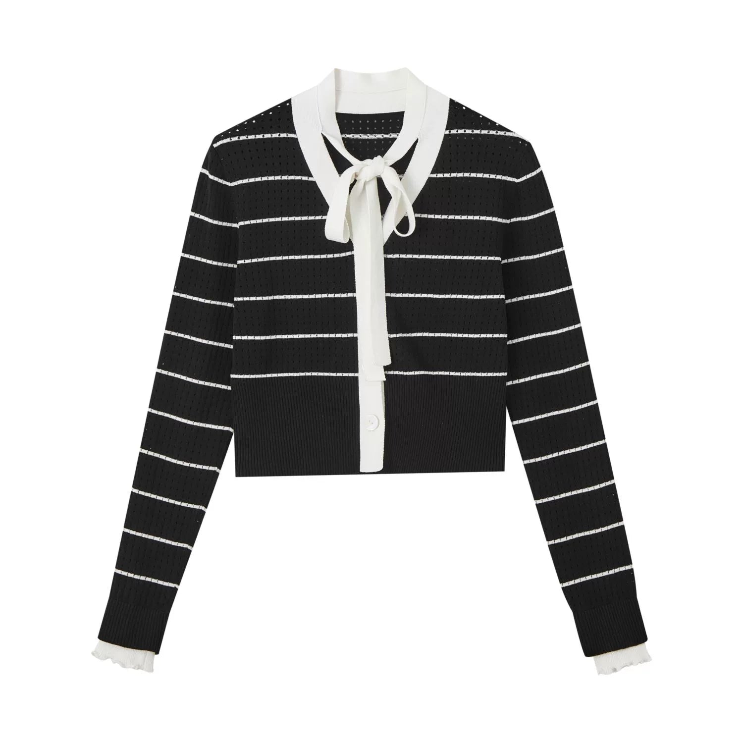 Black &amp; White Striped Ribbon Detail Cardigan