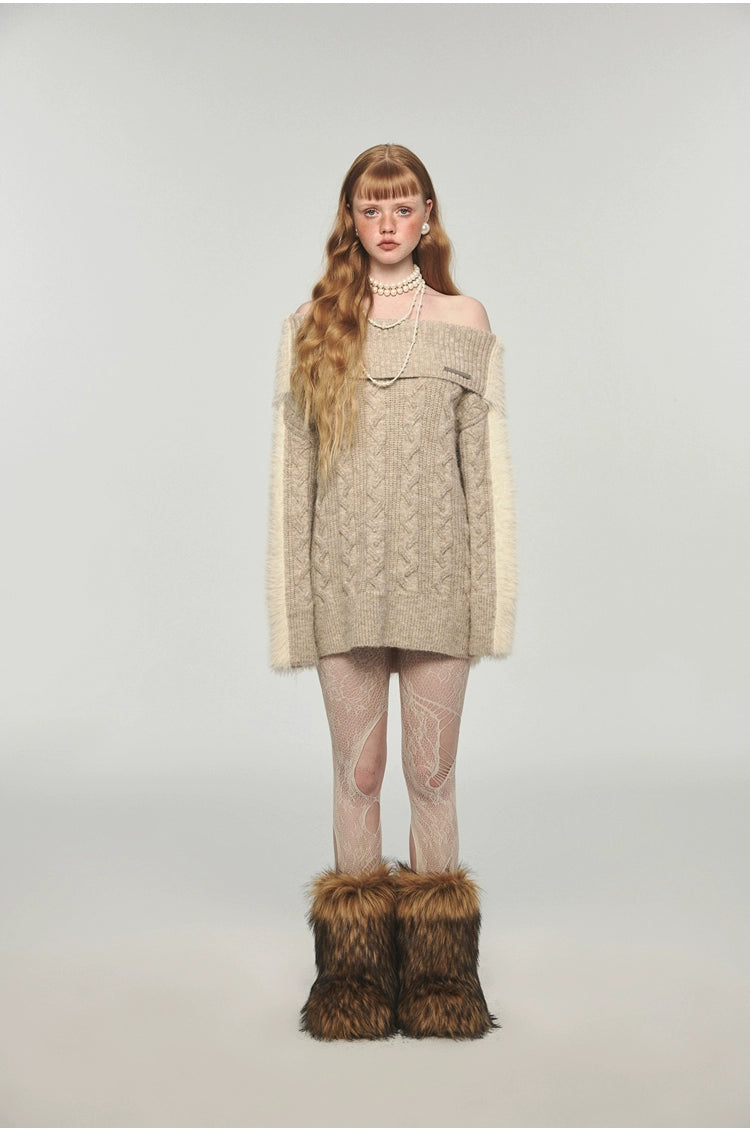 Faux Mink Fur Off-the-Shoulder Sweater - CHINASQUAD