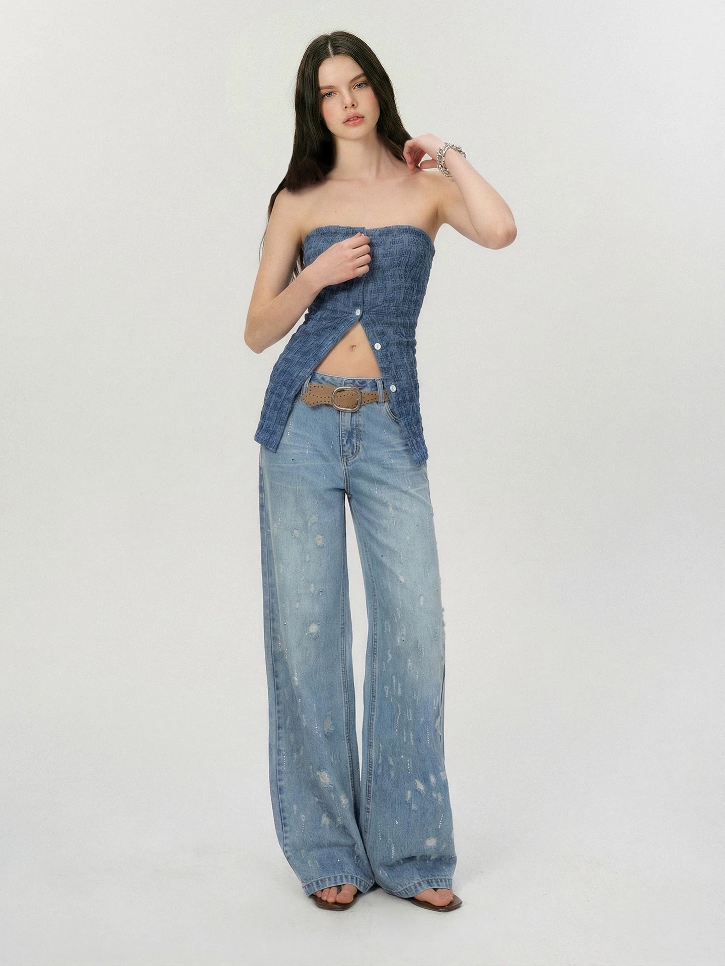 Vintage Washed Blue Rhinestone Embellished Straight-Leg Denim Trousers