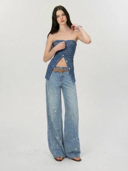 Vintage Washed Blue Rhinestone Embellished Straight-Leg Denim Trousers