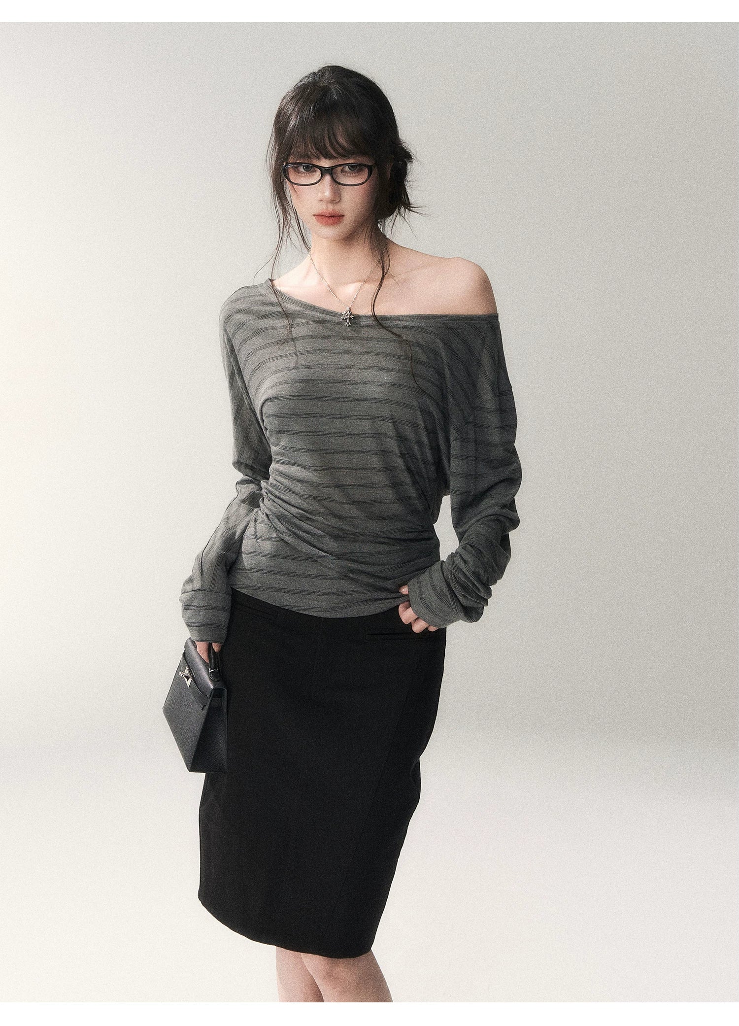 Asymmetric Off-Shoulder Striped Tencel Slim-Fit Long Sleeve Top
