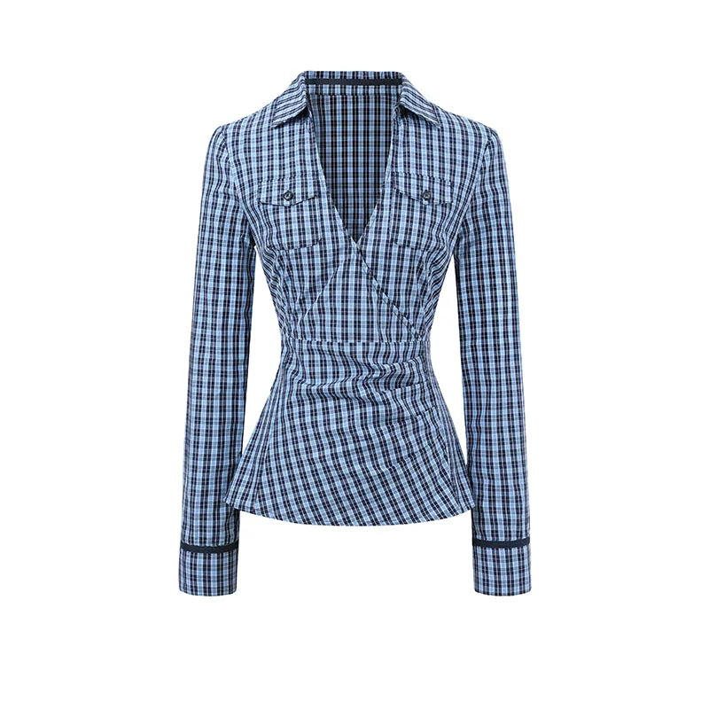 Wrapped V-Neck Plaid Shirt