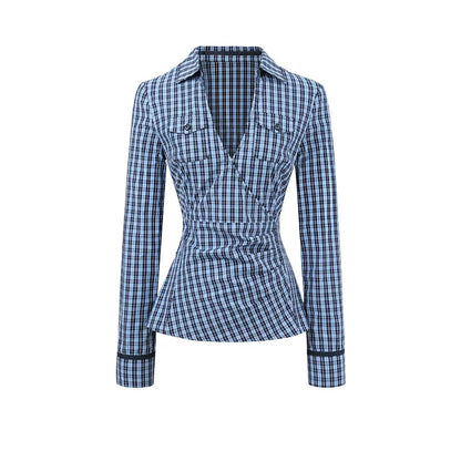 Wrapped V-Neck Plaid Shirt