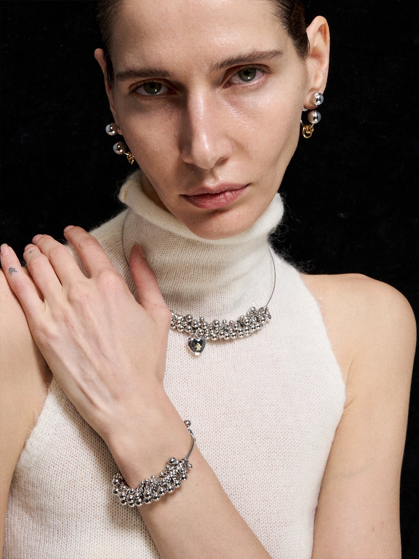 Silver-Tone Heart Charm Beaded Choker