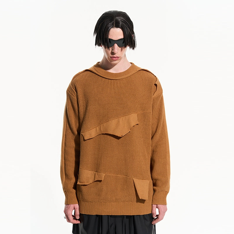 Cloud Texture Dual-Tone Distressed Knit Sweater