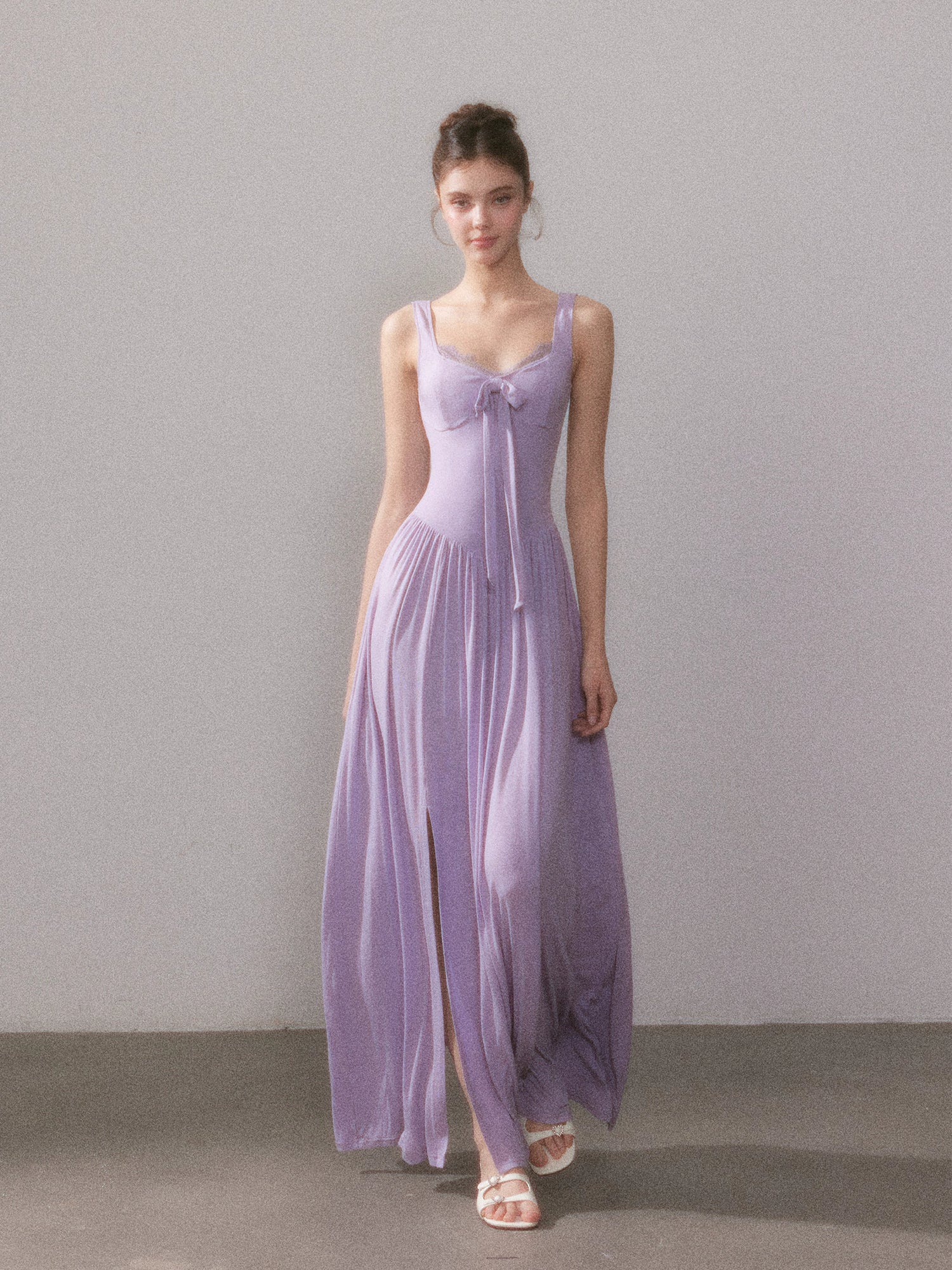 Lace Knit Spaghetti Strap Slit Long Dress - CHINASQUAD