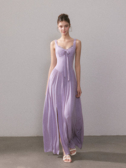 Lace Knit Spaghetti Strap Slit Long Dress - CHINASQUAD
