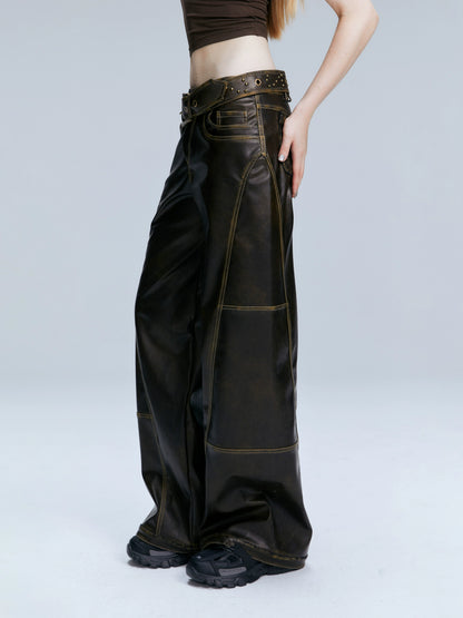 Brown PU Straight-Leg Pants