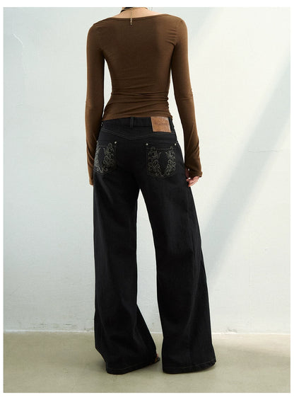 Wave-Embroidered Wide-Leg Straight Pants