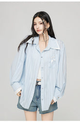 Blue Bow Decor Contrast Collar Shirt - CHINASQUAD