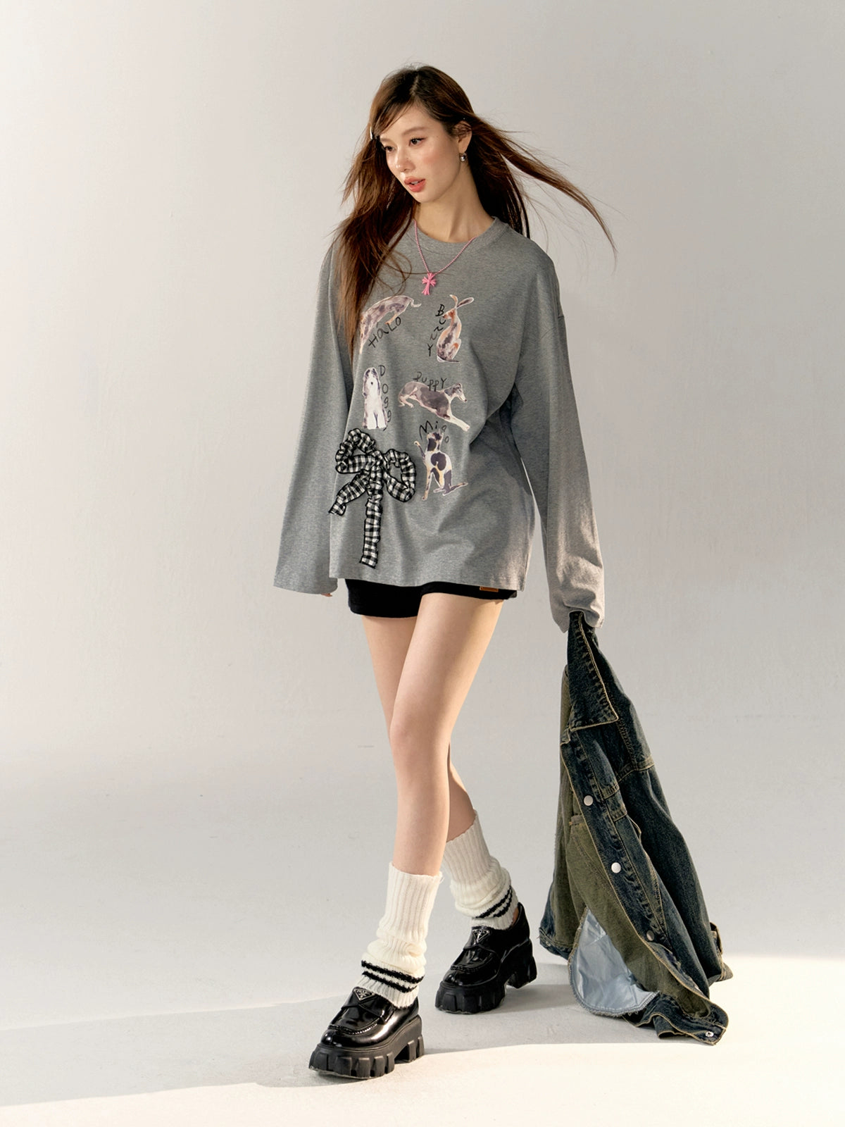 Cartoon Print 3D Bow Crew Neck Long Sleeve