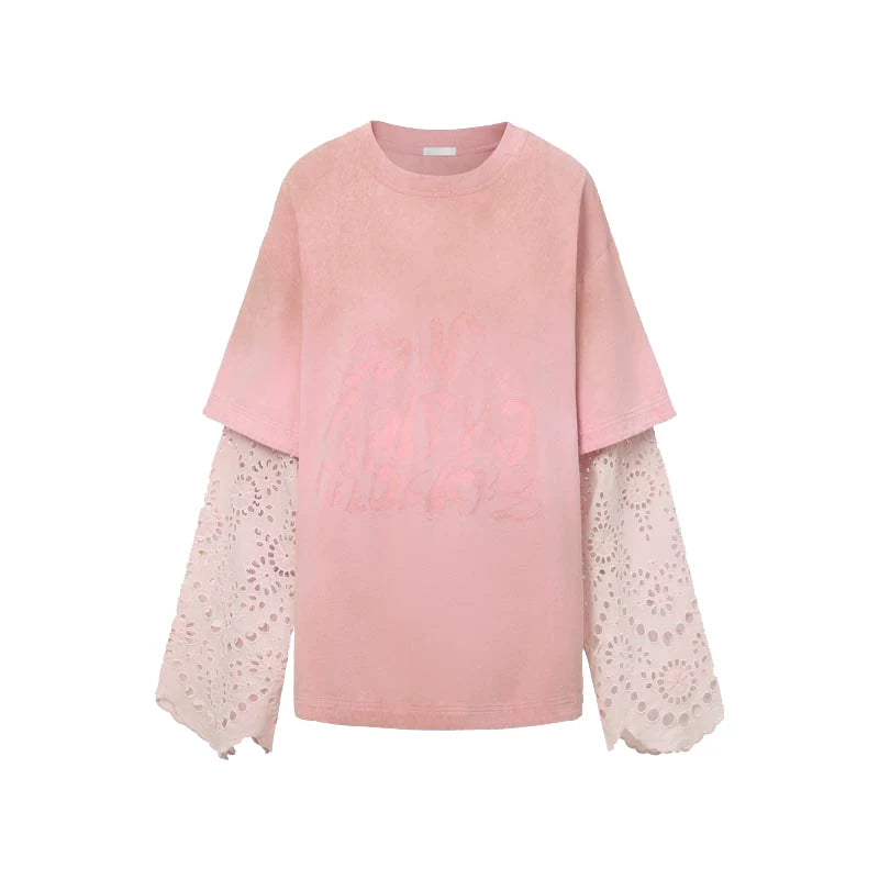 Lace-Panel Spray-Dyed Cotton T-Shirt