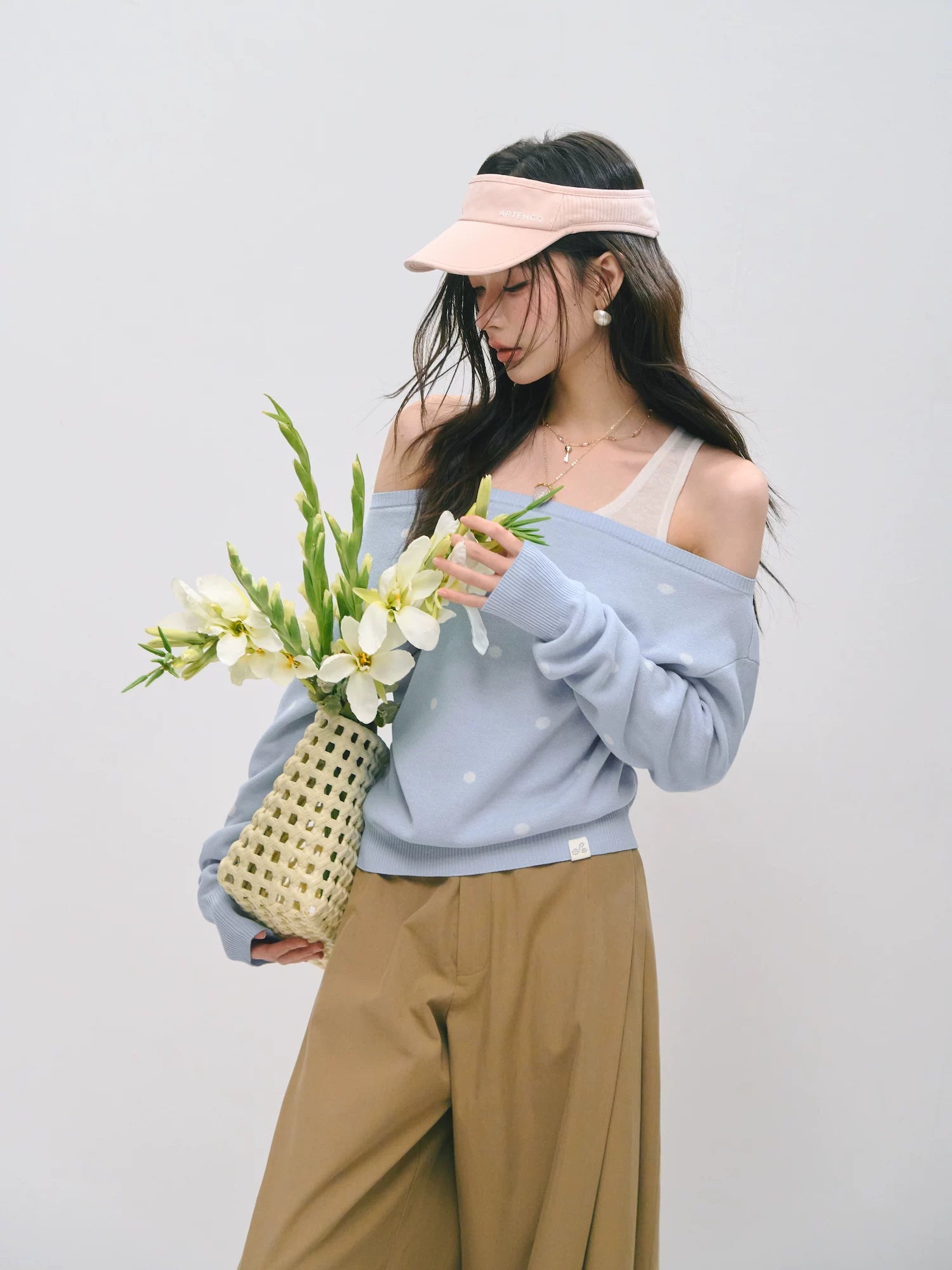 Off-Shoulder Polka Dot Layered Knit Sweater