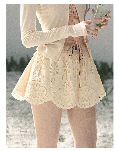 “Lost in Your Embrace” French Floral Cutwork Bubble Mini Skirt