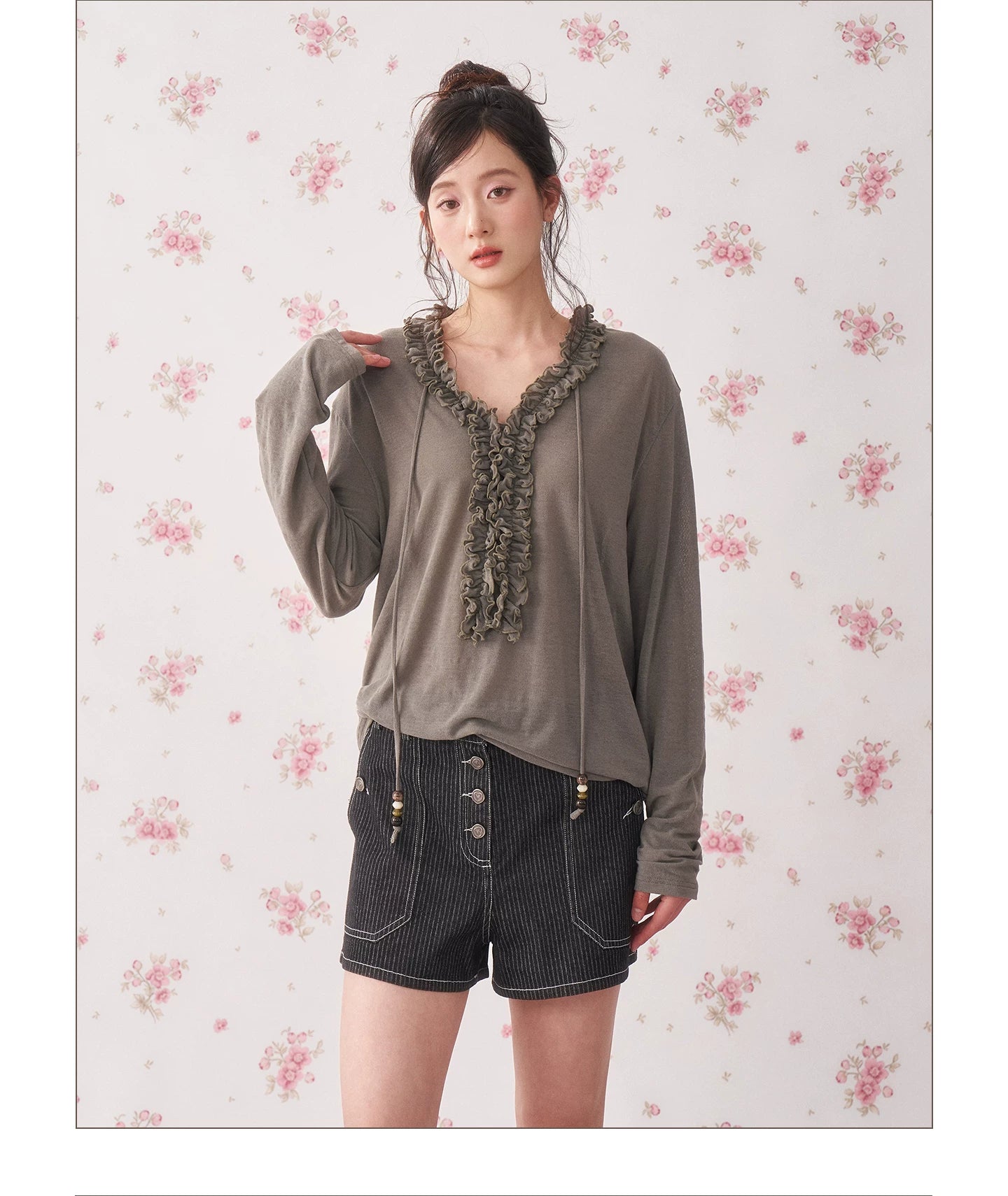 Ruffle Drawstring Sheer Knit Sun-Protective Long Sleeve Top
