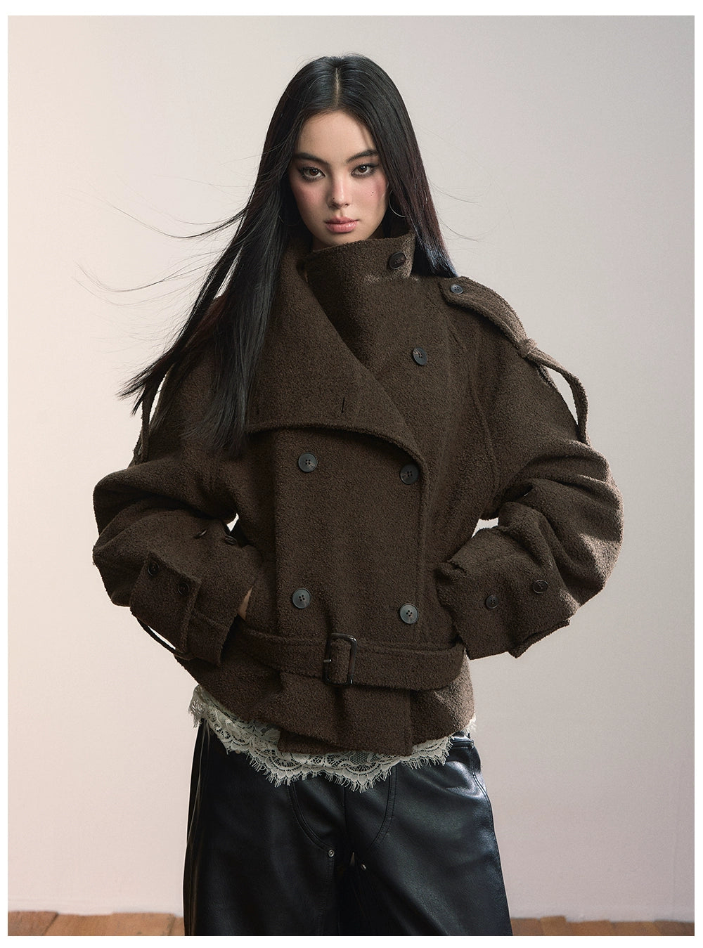 Contrast Double-Breasted Wool-Blend Belted Jacket