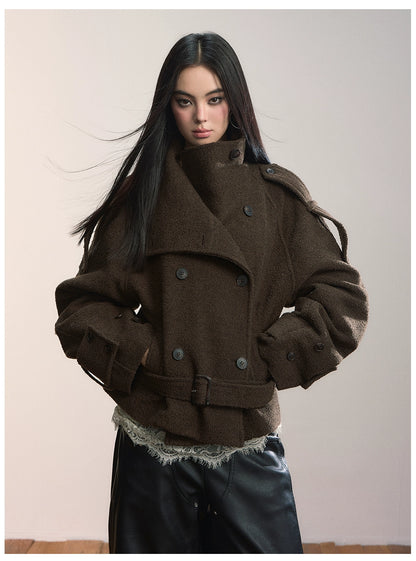 Contrast Double-Breasted Wool-Blend Belted Jacket