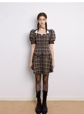 Peter Pan Collar Lace Plaid Bubble Sleeve Dress - CHINASQUAD