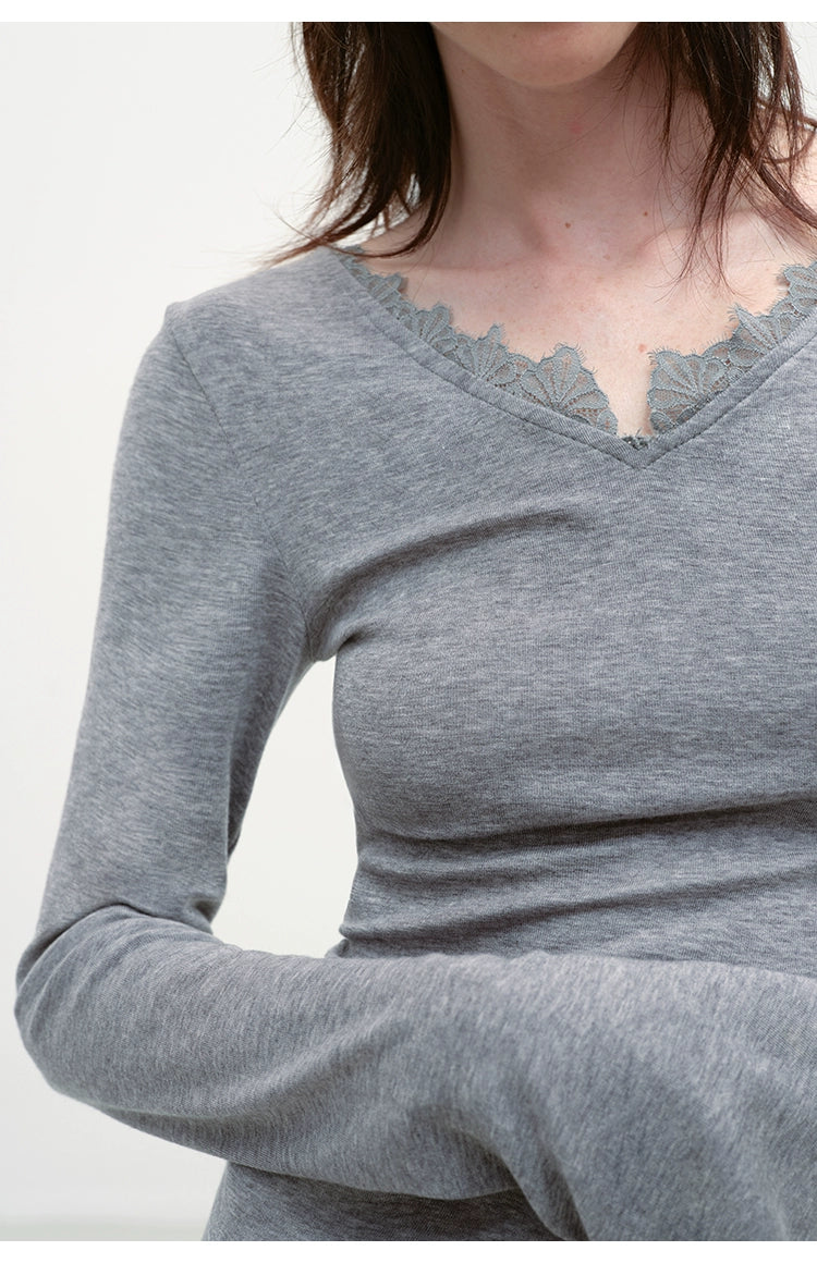 Lace V-neck Slim Long-Sleeve T-shirt