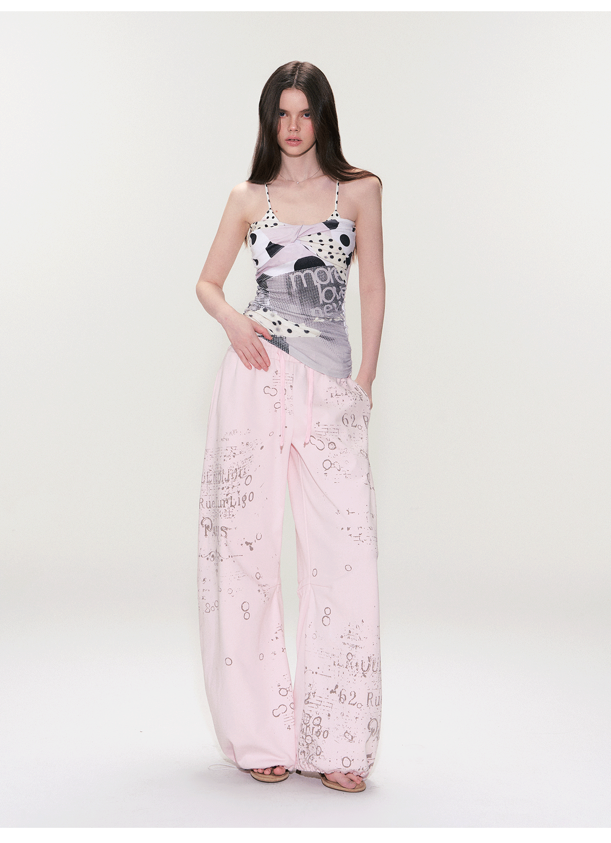 Vintage Graphic Drawstring Wide-Leg Pants