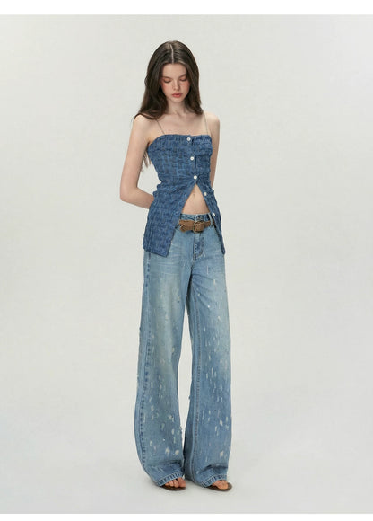 Vintage Washed Blue Rhinestone Embellished Straight-Leg Denim Trousers