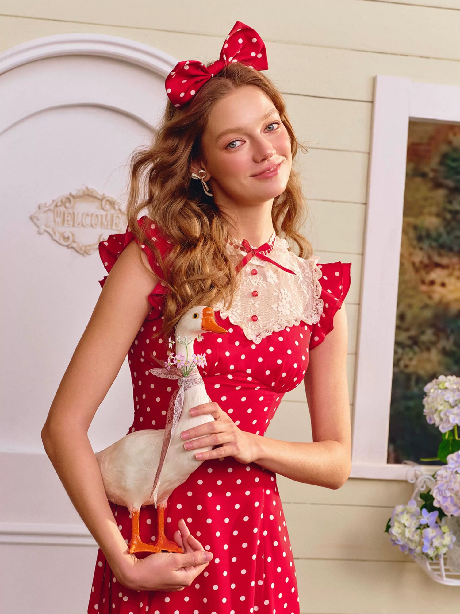Red Sweet Collegiate Polka Dot Lace Dress
