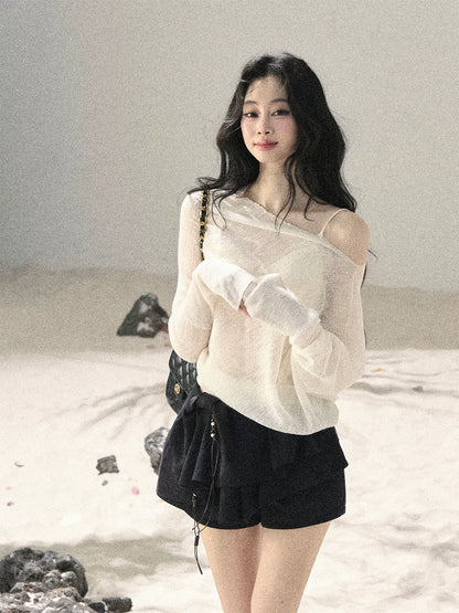 Sheer Off-Shoulder Sun Protection Knit Top Set