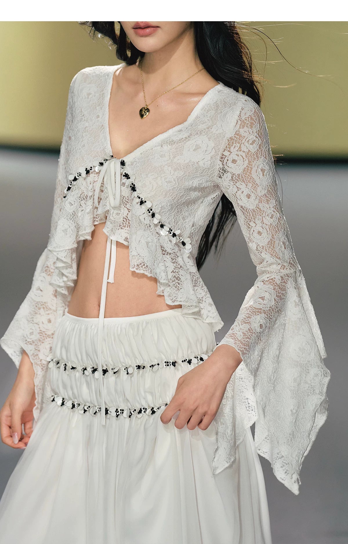 Vintage Sequin Lace V-Neck Blouse&amp; Tulle Skirt Set