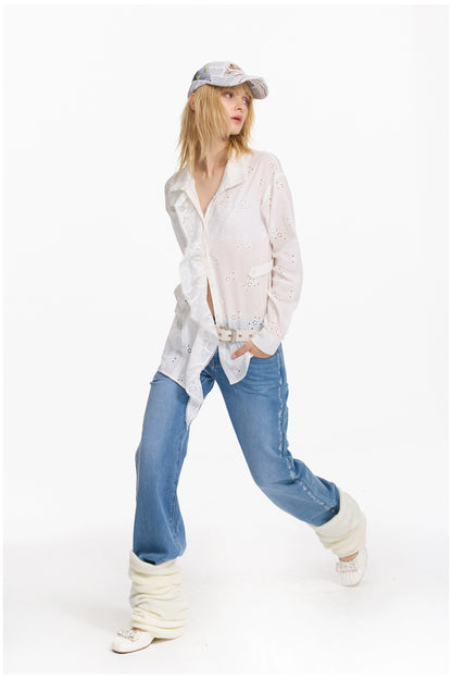 Embroidered Plaid Ruffle-Edge Shirt