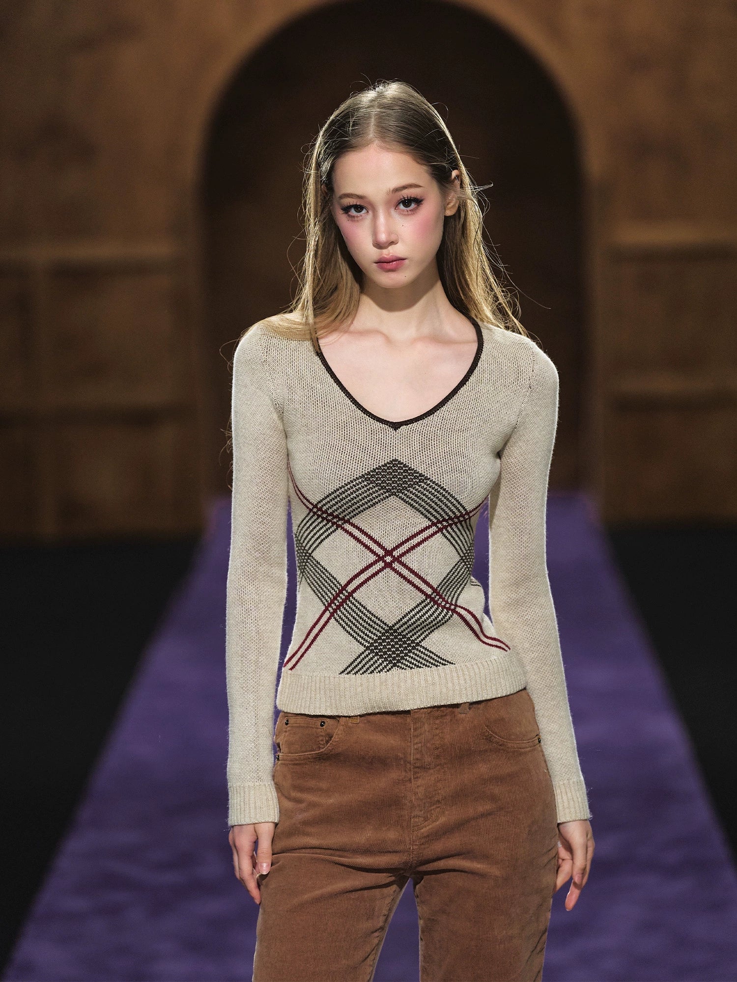 Vintage Check Contrast Slim-Fit Knit Crewneck