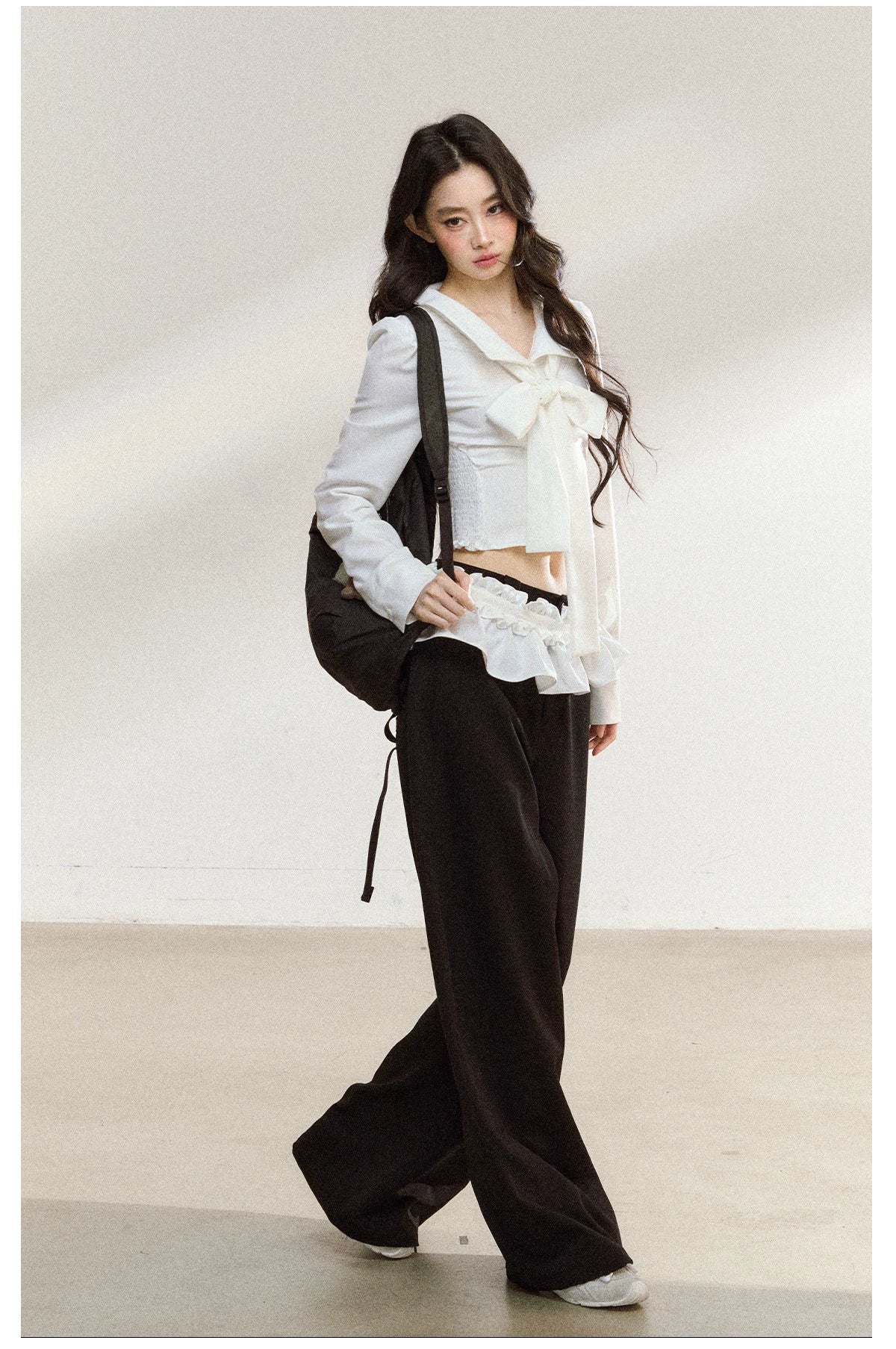 Butterfly Bow White Blouse &amp; Lace-Trim Straight Pants Set