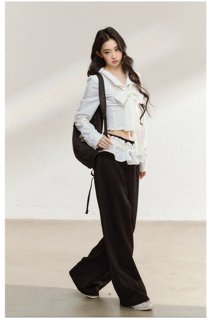 Butterfly Bow White Blouse &amp; Lace-Trim Straight Pants Set