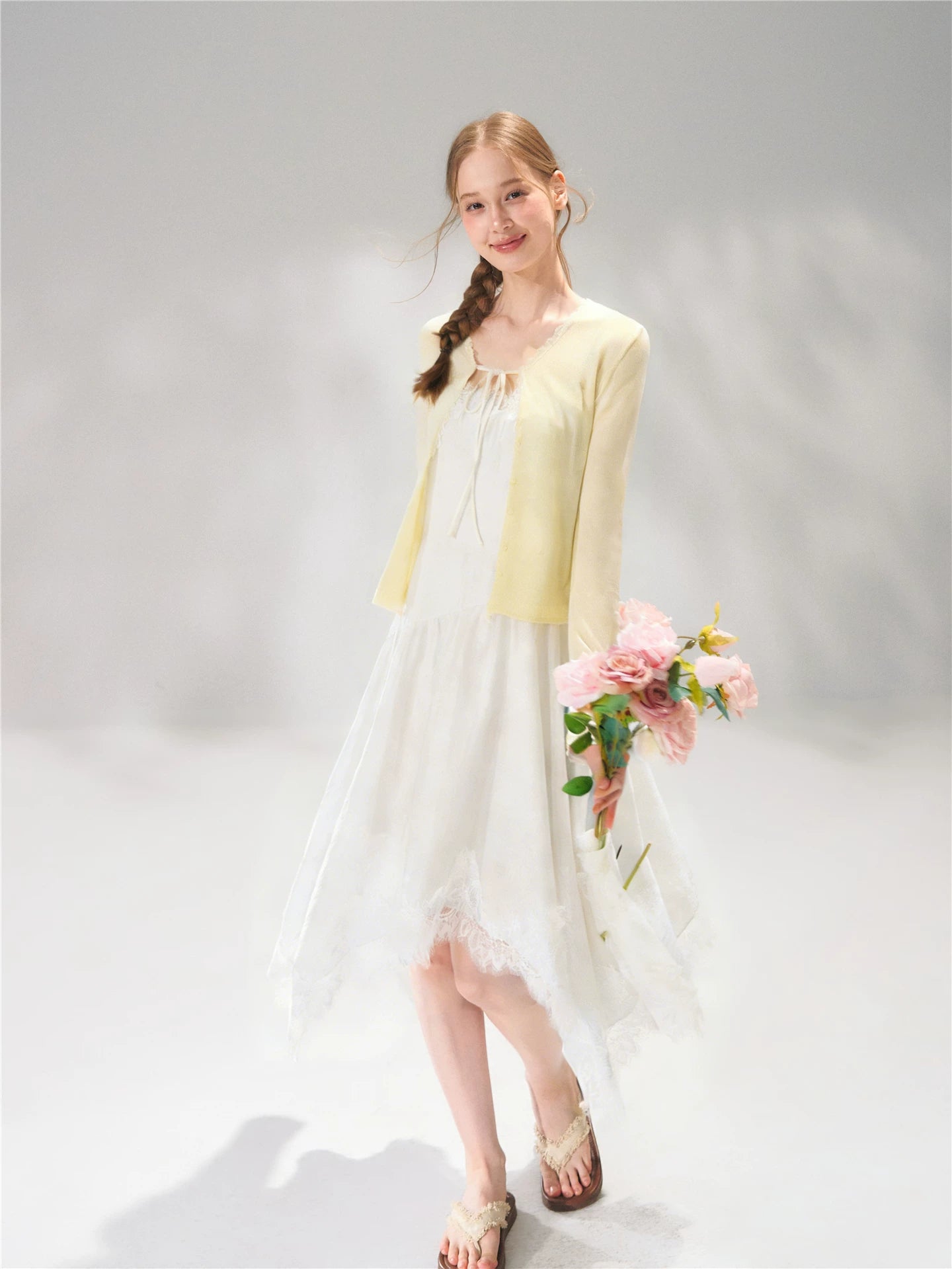 Asymmetric Lace-Trim Slip Midi Dress