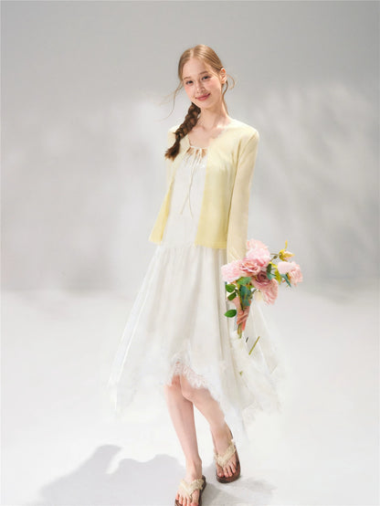 Asymmetric Lace-Trim Slip Midi Dress