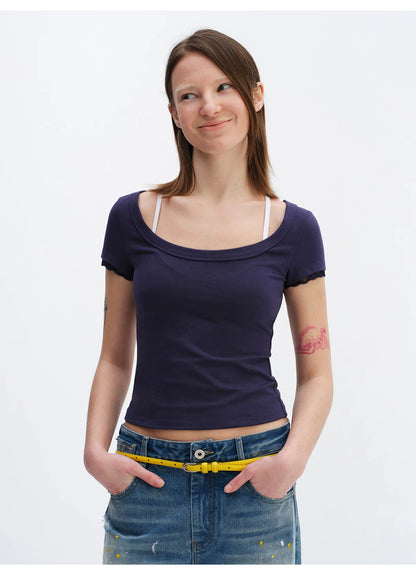 Lace Trim Scoop Neck Fitted Cotton T-Shirt