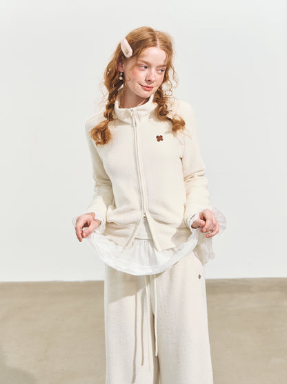 Plush Terry Fleece High-Neck Zip-up Sweatshirt &amp; Banana Pants Set