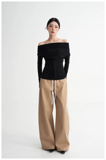 Neck Off-Shoulder Fitted Long Sleeve T-Shirt