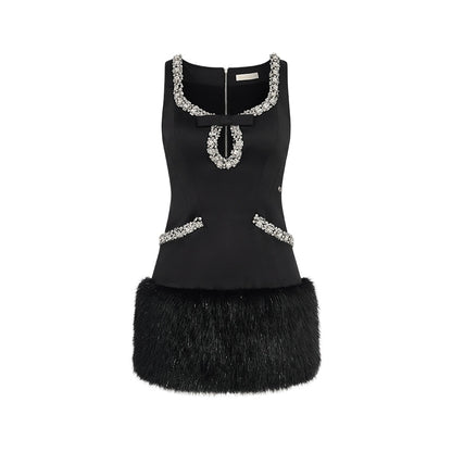 Sable Satin Straight-Cut Faux Fur Dress
