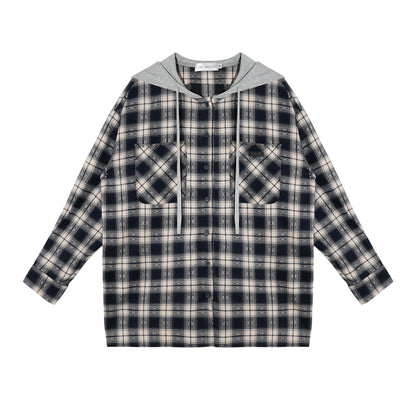 Vintage Plaid Contrast Hooded Shirt