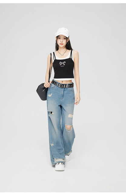 Blue Perforated Jeans Wide-leg Pants - CHINASQUAD