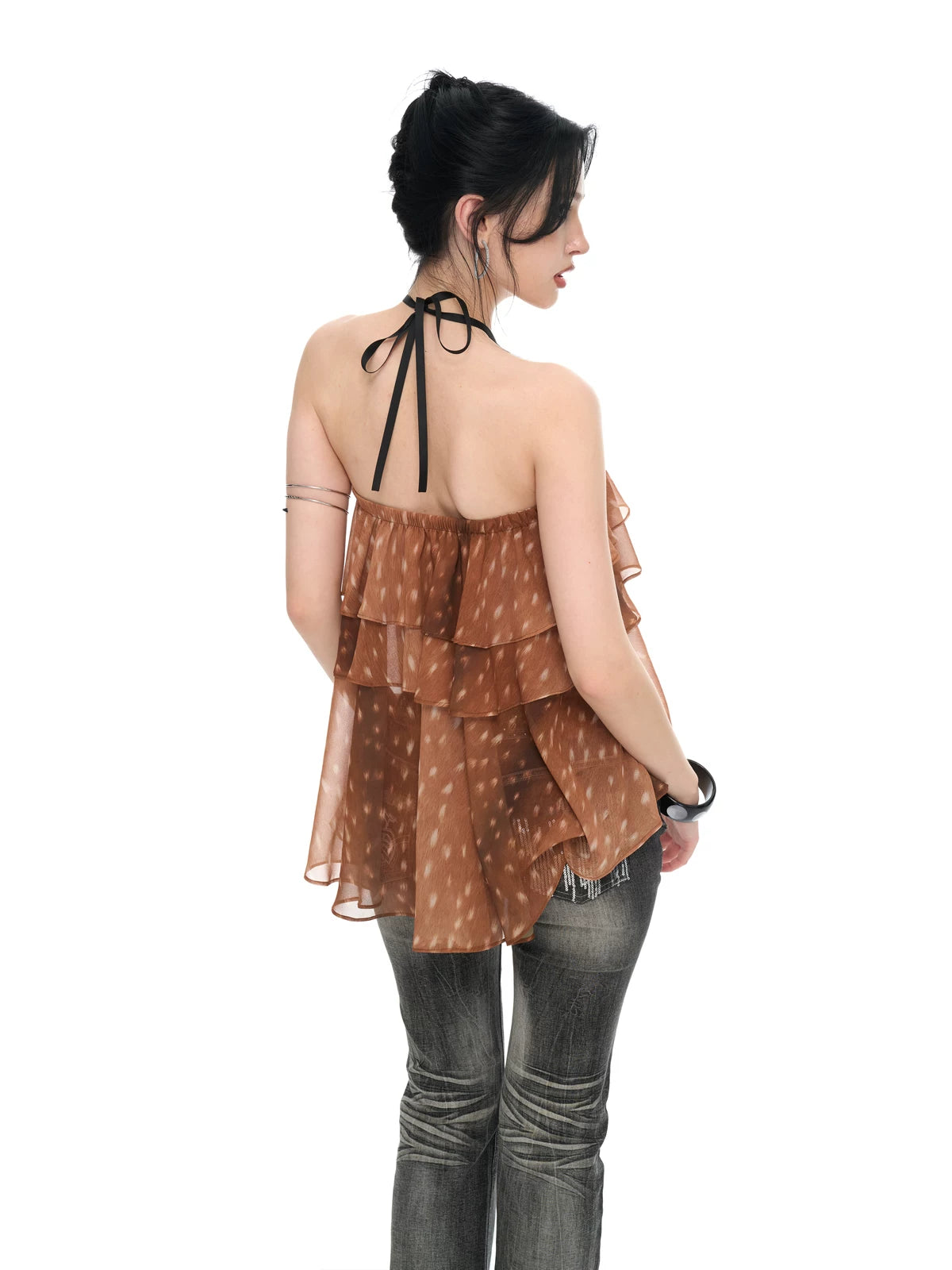 Fawn Print Asymmetric Chiffon Halter Backless Layered Blouse