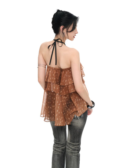 Fawn Print Asymmetric Chiffon Halter Backless Layered Blouse