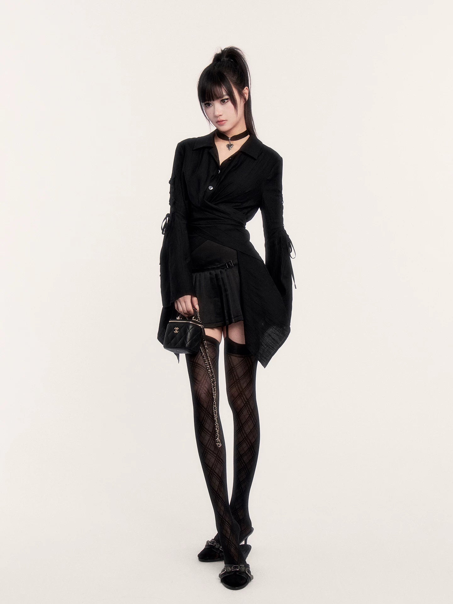 Lace-Up Flared Sleeve Slim-Fit Shirt