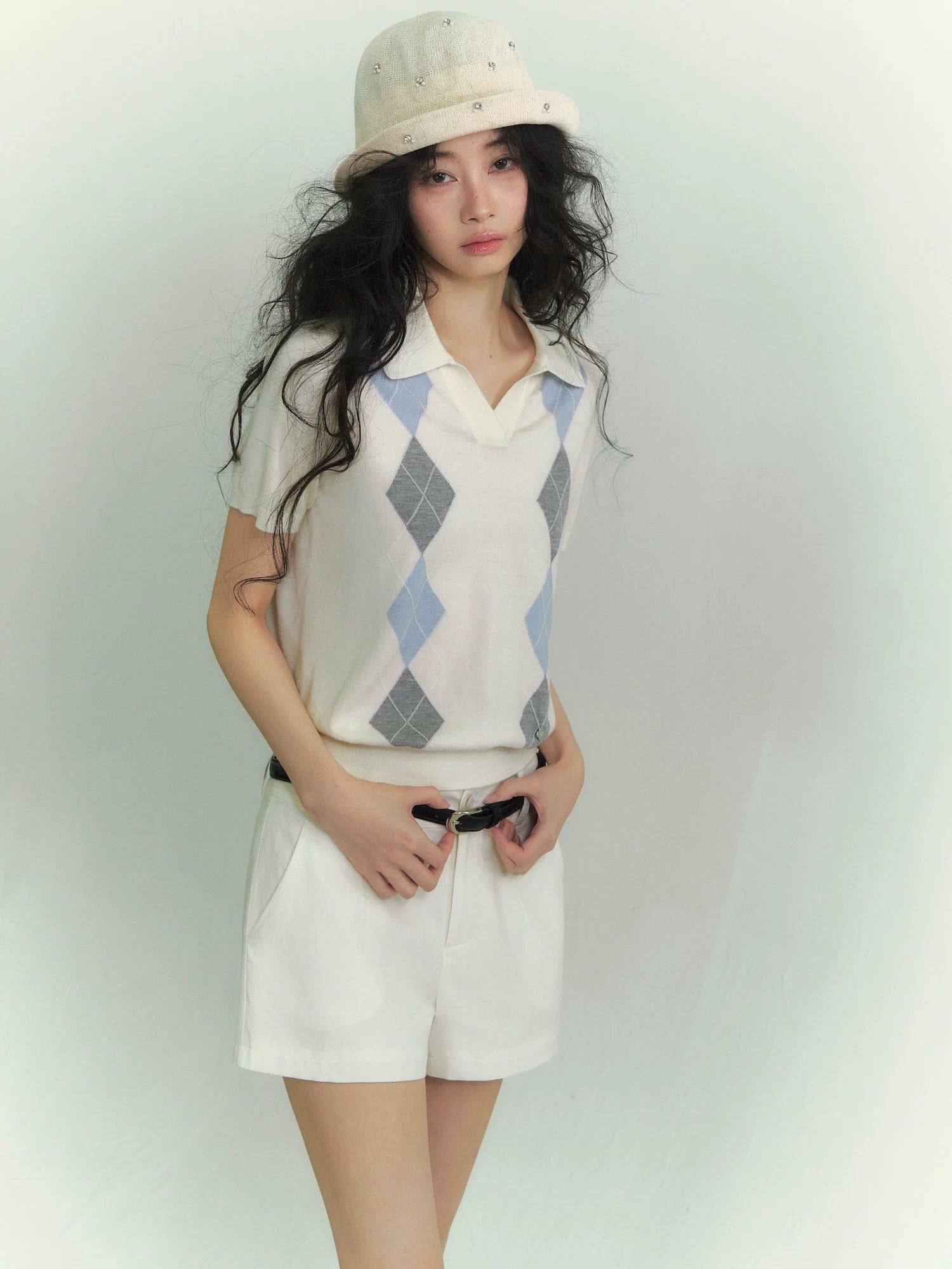 Diamond Panel Colorblock Polo Knit Top