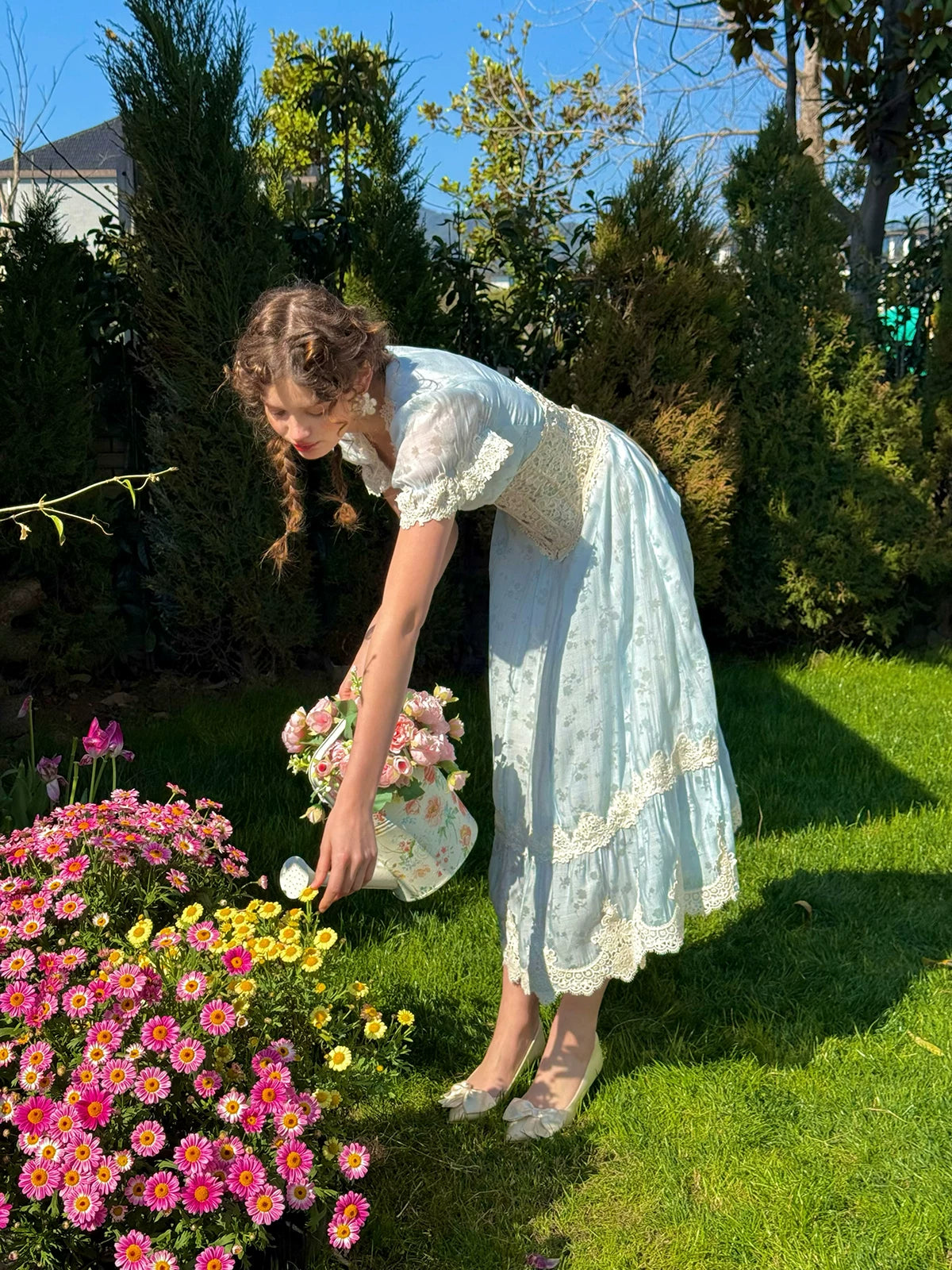 Fresh Baby Blue Lace Short-Sleeve Dress