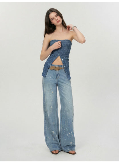 Vintage Washed Blue Rhinestone Embellished Straight-Leg Denim Trousers
