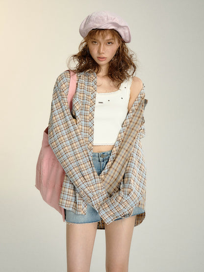 Color-blocked Plaid Oversized Shirt