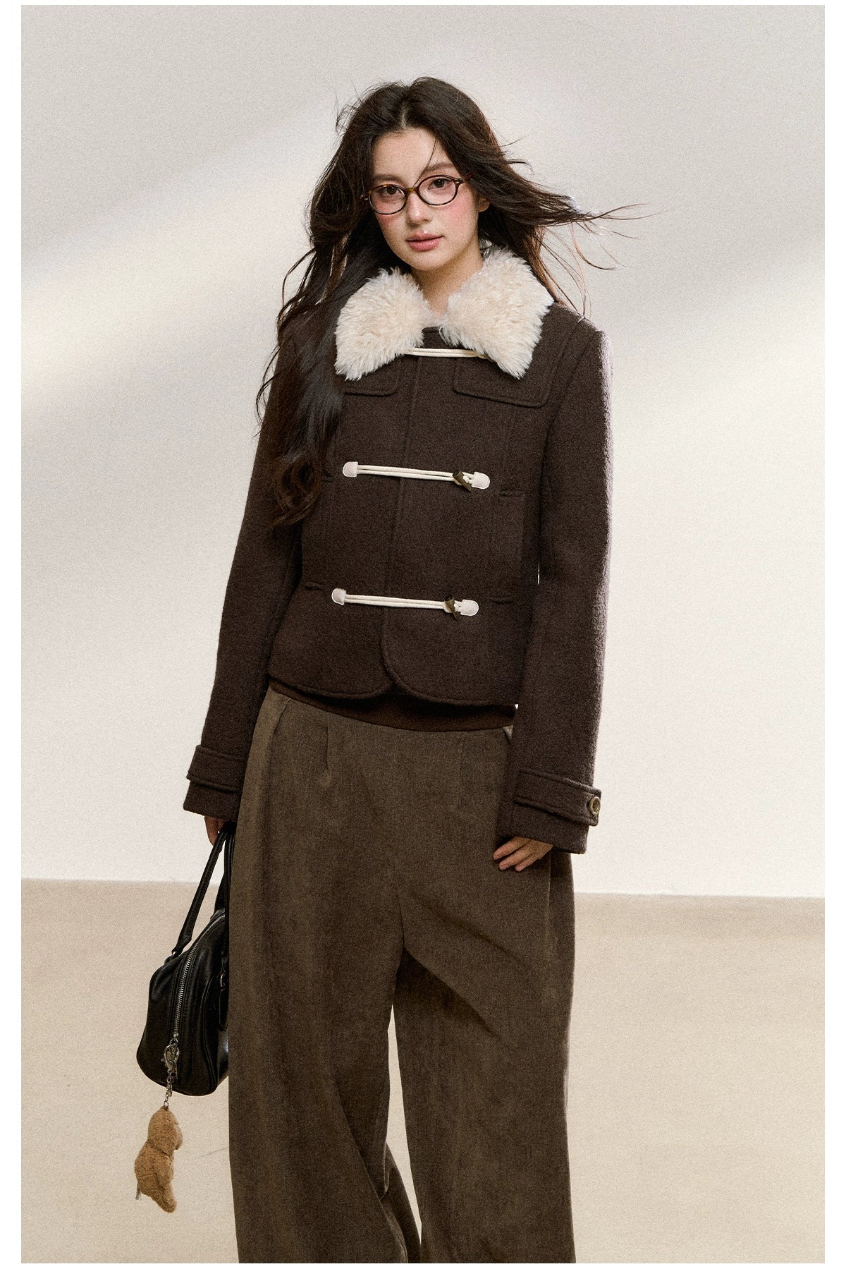 Brown Wool-Blend Toggle Cropped Jacket