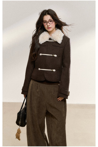 Brown Wool-Blend Toggle Cropped Jacket
